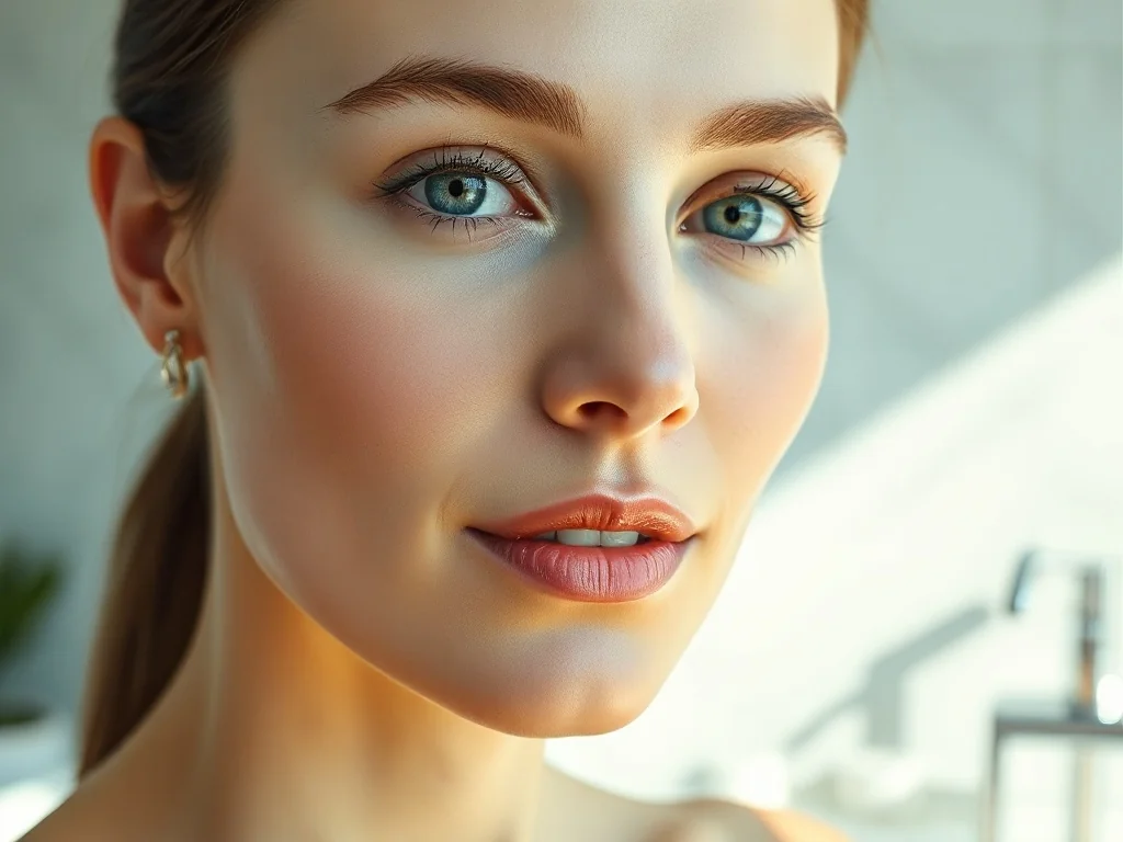 Zbliżenie na twarz kobiety o idealnie gładkiej, promiennej i nawilżonej cerze typu „glass skin” w jasnym wnętrzu spa.