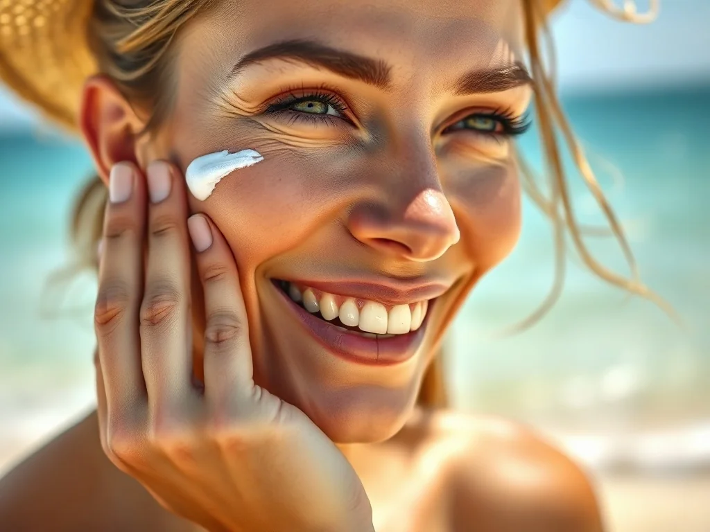 Uśmiechnięta kobieta nakłada krem z filtrem SPF na policzek na słonecznej plaży.