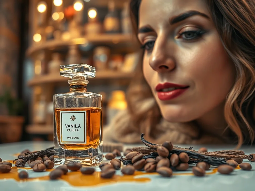 Kobieta wąchająca luksusowe perfumy w otoczeniu ziaren kakao, wanilii i karmelu, nawiązujących do nut zapachowych gourmand.