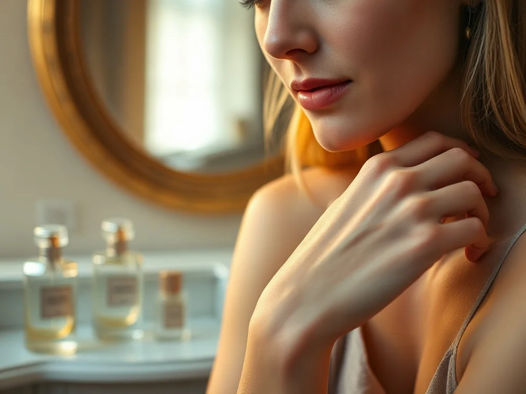 Kobieta aplikująca perfumy na nadgarstek w eleganckim wnętrzu, co ilustruje sposób na przedłużenie trwałości zapachu.