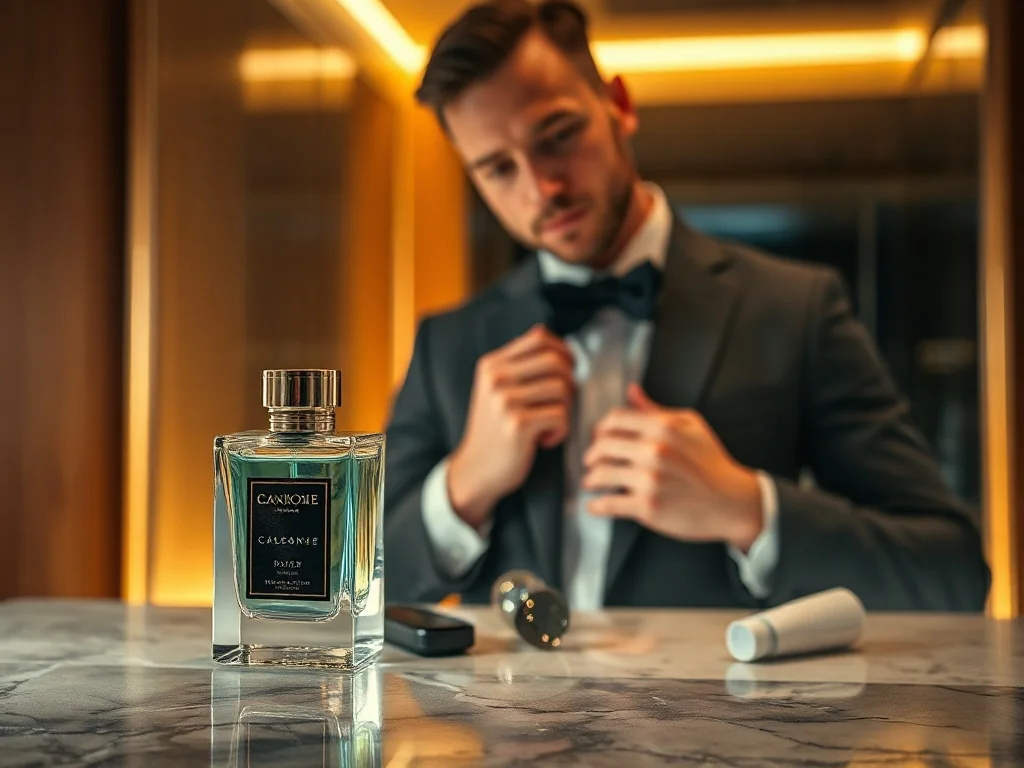Elegancki flakon wody kolońskiej na marmurowym blacie, w tle zadbany mężczyzna poprawiający krawat w stylowej garderobie.