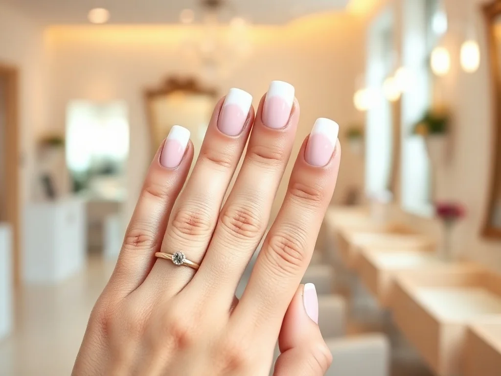 Zadbane dłonie z eleganckim manicure typu babyboomer z płynnym przejściem od różu do bieli.